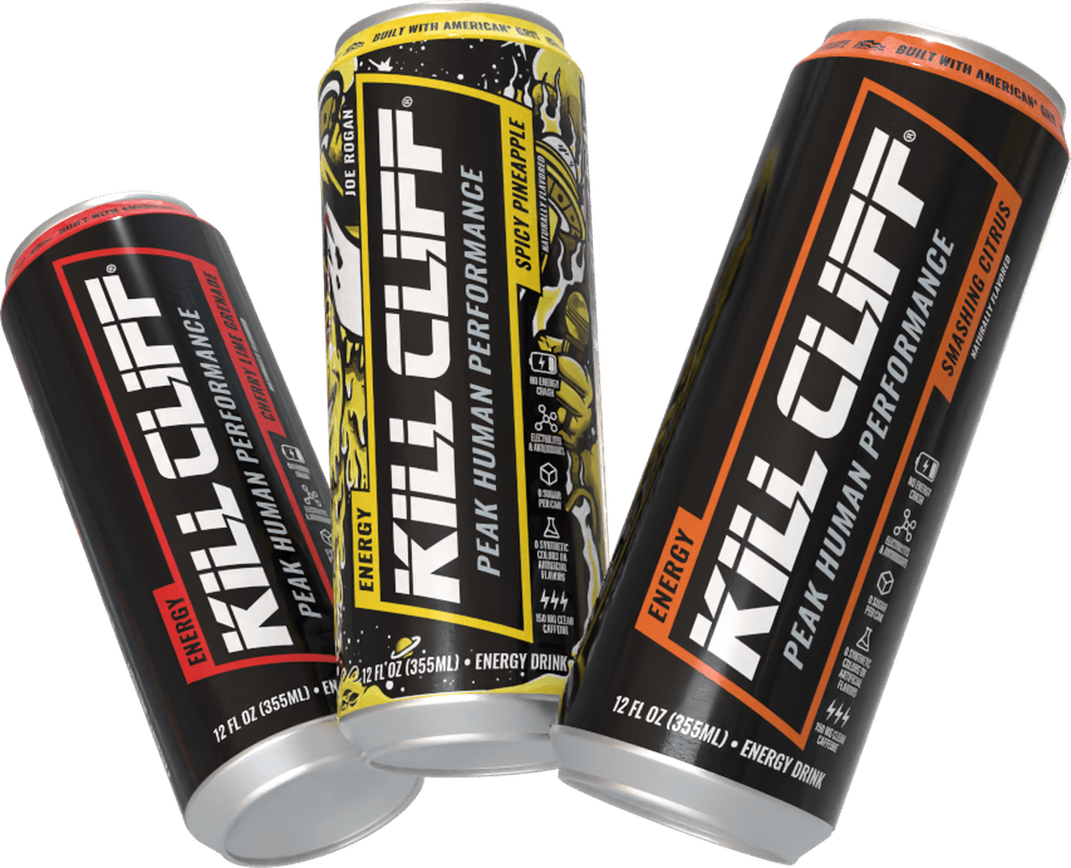 Kill Cliff Energy cans: Cherry Lime Grenade, Spicy Pineapple, Smashing Citrus