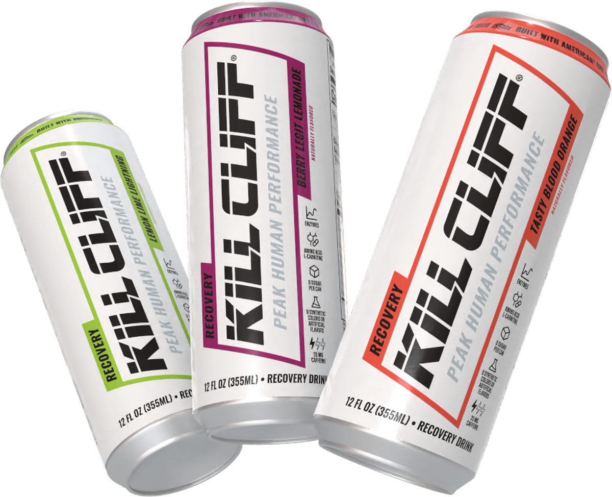 Kill Cliff Recovery cans: Berry Legit Lemonade, Lemon Lime Lightning, Tasty Blood Orange