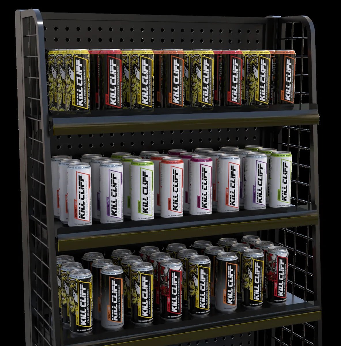 Kill Cliff drinks on a retail display rack
